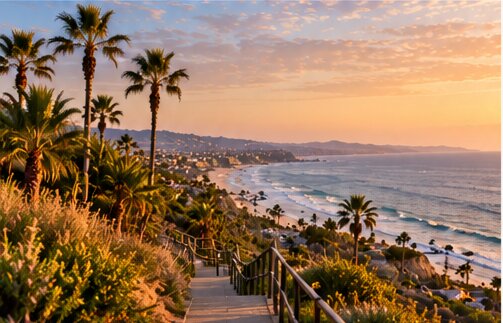 Palm trees and a stairway down to the beach at sunset.
