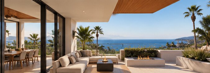 An open-plan living room and terrace looking out over the Pacific Ocean.