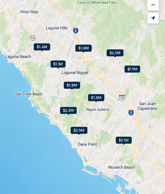 Map of the South Orange County coast with home prices marked.