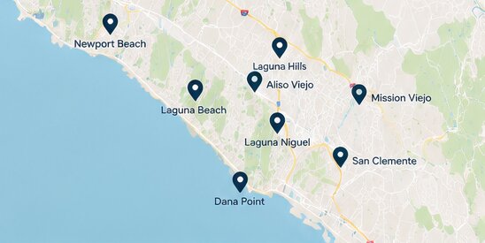 Map of the Orange County coast with Dana Point marked.