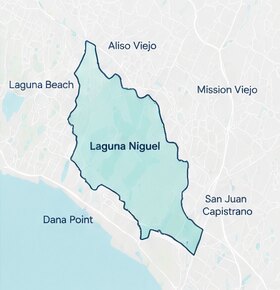 Map showing the outline of Laguna Niguel between Laguna Beach and Mission Viejo.