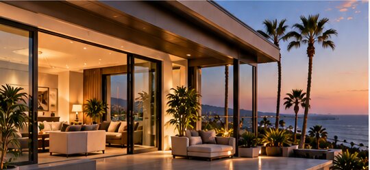 A living room opening onto a pool terrace at dusk.
