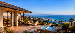 A pool terrace overlooking the coast.