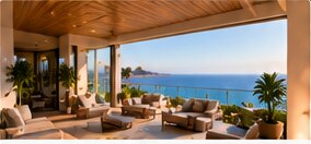 A covered terrace with ocean views.